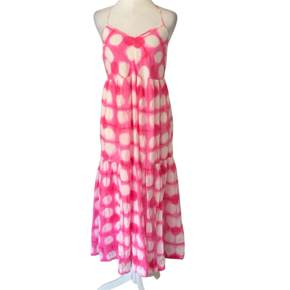 Maeve Pink & White Petite Medium Polka Dot Halter Geneva Midi Dress Cotton Lined
